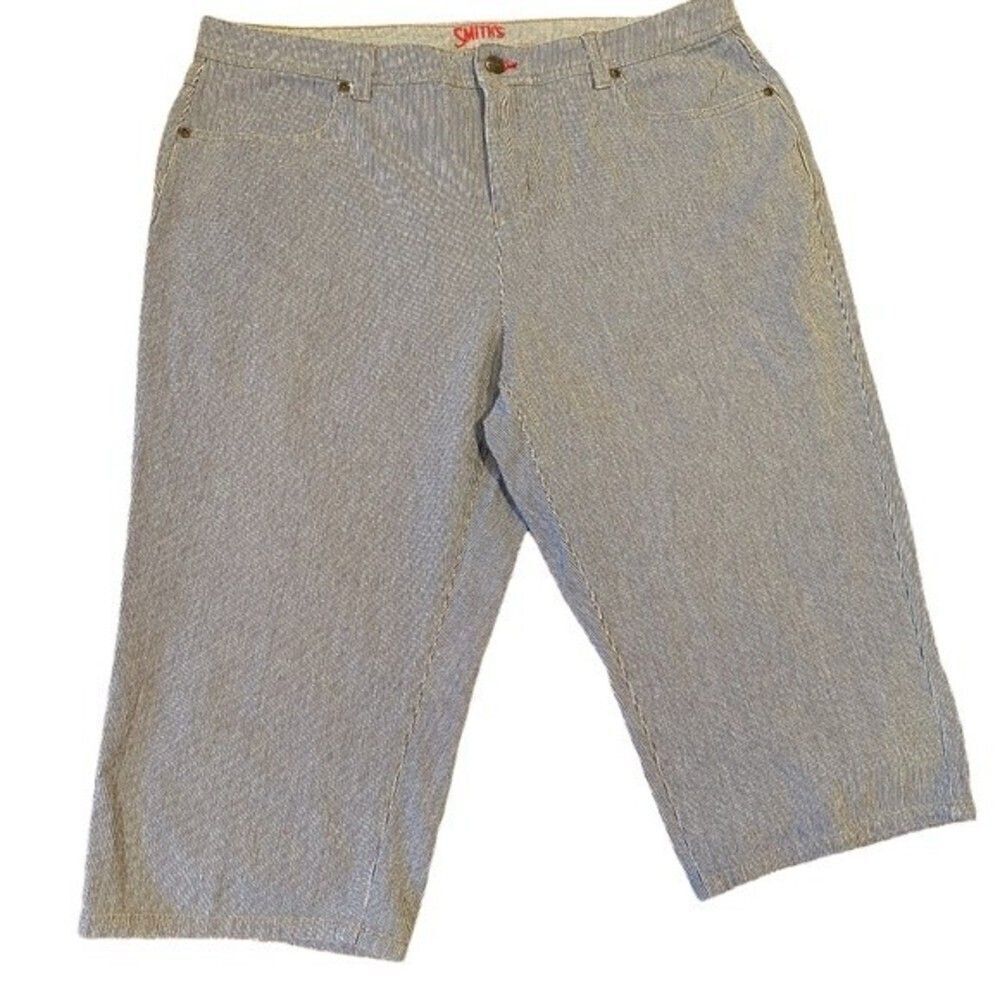 0638 Smiths Jean Shorts Size 16 Blue White Striped Flat Front Button Zipper P…